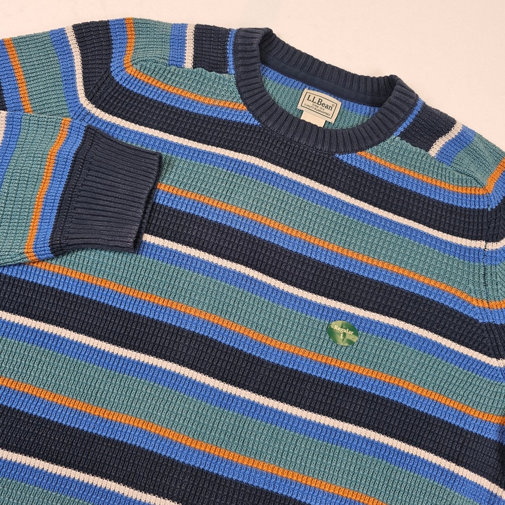 LL Bean Mens Large Blue Striped Waffle Knit Cotton Crewneck Sweater 522827